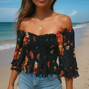 Blue Life Floral Smocked Top Women's Small Sweetheart Neck Long Sleeve Black Red